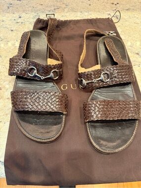 Vintage Gucci Brown Woven Leather Men’s Sandals with Silver Horsebit, size 12M.
